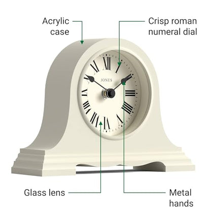 JONES CLOCKS® Speakeasy Small Mantel Clock | Classic Napoleon’s hat Design | Pale Cream | Roman Numerals | Traditional Style for Desk, Table, Shelf or Bedside - color: Linen White