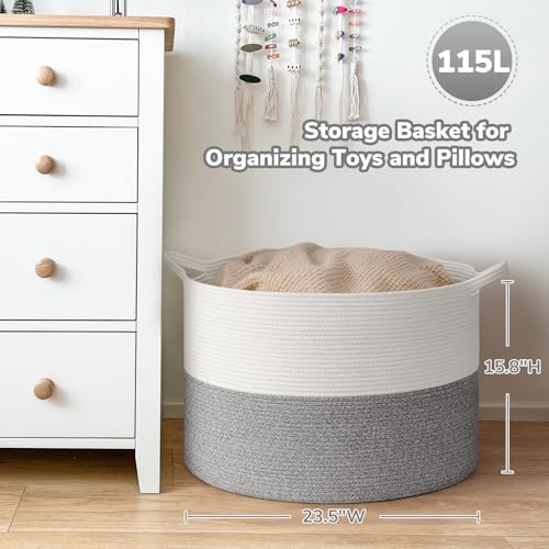 Goodpick Extra Large Woven Blanket Basket Living Room, Toy Bin,115L - color: Light Grey, size: 23.5x23.5x15.8 Inch (Pack of 1)