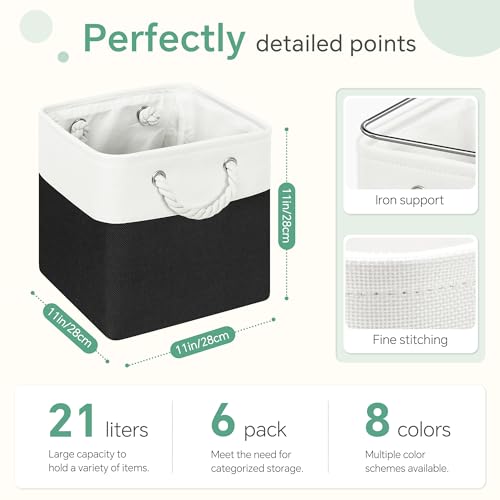 FinishingBo 11 inch Cube Storage Bin with Handles 6 Pack - color: White/ Black-6 Pack