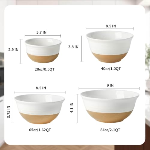HASENSE Ceramic Serving Bowls Set of 4, 2.1/1.5/1.0/0.5 Qt White & Terracotta Stoneware Mixing Bowls, Farmhouse Bowls for Cooking, Prepping, Salad & Soup, Dishwasher & Microwave Safe, Serving Dishes - color: White, size: 84+65+40+20 oz