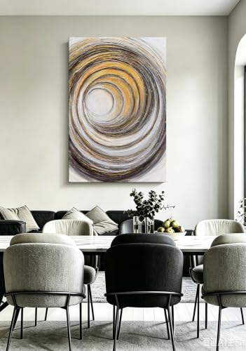 Boiee Art,28x40in Hand-Painted Abstract Vortex Art on Canvas - color: Gold&Light Charcoal&White