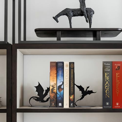 Metal Dragon Bookends Fantasy Book Holder Cool Dragon Book Ends Decorative - color: Black
