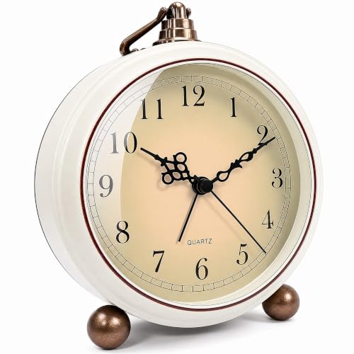 TooTa Vintage Retro Analog Alarm Clock, 4.5 inch Super Silent Non Ticking Small Clock with Night Light, Battery Operated, Simply Design, for Living Room, Bedroom, Bedside, Desk, Gift Clock (White) - color: White