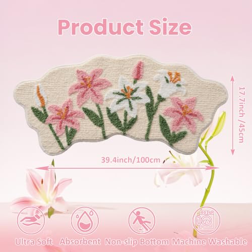 Cloud-Shaped Lily Bath Mat, Soft Non-Slip Fluffy Fresh Flowers Bathroom Rug, Ultra Absorbent Microfiber Shaggy Door Mat, Machine Washable Bath Rug Carpet for Bathtub Bedroom 18x39 Inch (Pink Lily S) - color: Pink Lily S