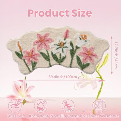 Cloud-Shaped Lily Bath Mat, Soft Non-Slip Fluffy Fresh Flowers Bathroom Rug, Ultra Absorbent Microfiber Shaggy Door Mat, Machine Washable Bath Rug Carpet for Bathtub Bedroom 18x39 Inch (Pink Lily S) - color: Pink Lily S