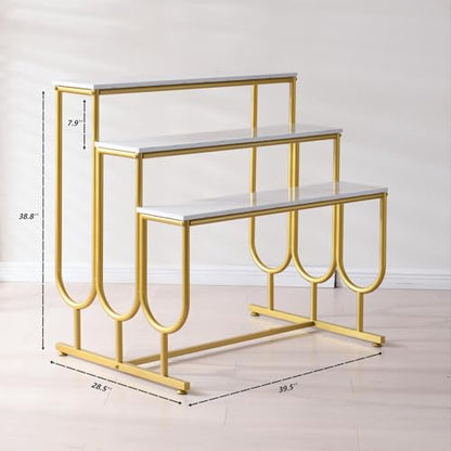 3-Tier Display Riser Stand, Gold Metal Frame, Marble-Look Shelves
