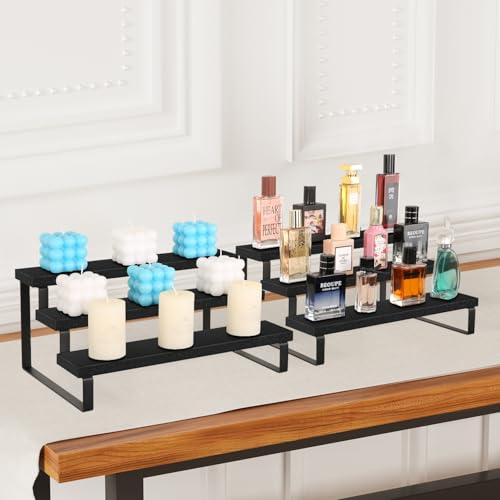YINMIT Wooden Display Riser Stand, Tiered Perfume and Cologne Organizer Stand, 3 Tier Spice Rack Organizer, Rustic Display Shelf for Candles (3 Tier,2Pack,Black) - color: 3 Tier,2 Pack,Black