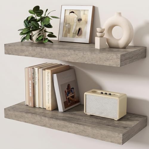 Floating Shelves for Wall, 24 Inch x 8 Inch Deep Wall Mounted Wood Shelf with Invisible Brackets for Storage & Display, Living Room Bedroom Kitchen, Gray, Set of 2 - color: Grey, size: 24 Inch, Set of 2