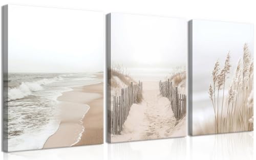 Framed Beach Canvas Wall Art Set of 3, Boho Coastal Nature Landscape Wall Decor Paintings, Ocean Beach Pampas Grass Artwork Prints Pictures for Living Room Bedroom Home Office 12x16 Inch - color: Coastal Landscape, size: 16L"x12W"