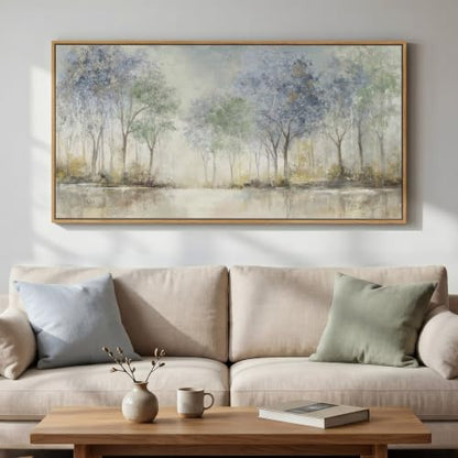 Framed Abstract Neutral Forest Landscape Wall Art for Living Room, 60x30 In - color: Blue and Green