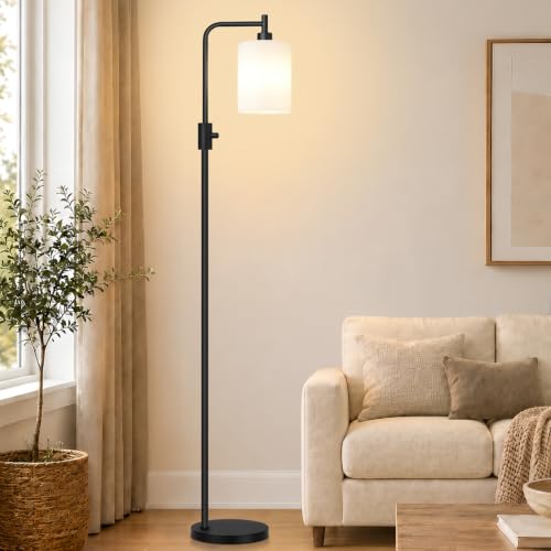 【Upgraded】 Dimmable Floor Lamp for Living Room with Opal Glass Lampshade, Black Modern Glass Floor Lamp with 900LM LED Bulb Included, Arc Standing Tall Lamp for Bedroom, Office, Reading Room, Corner - color: Opal Glass-Matte Black