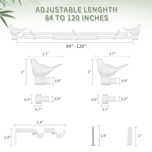 3/4" Diameter Farmhouse Double Window Treatment Curtain Rod, Bird Finials (84"-120", Glossy White) - color: Glossy White, size: 84"-120"