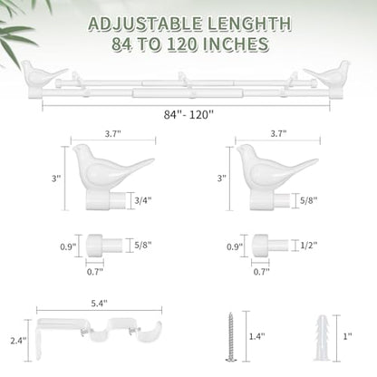 3/4" Diameter Farmhouse Double Window Treatment Curtain Rod, Bird Finials (84"-120", Glossy White) - color: Glossy White, size: 84"-120"
