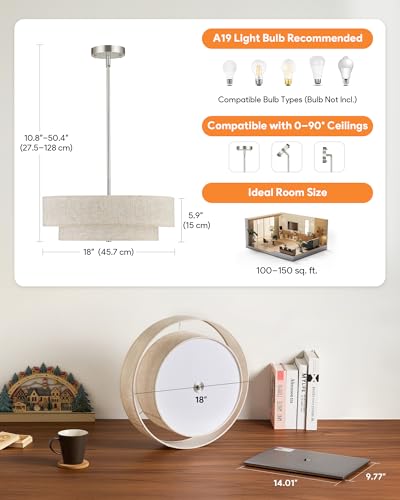 VONLUCE 18" Modern Drum Chandelier, 4-Light 2-Tier Linen Pendant Light - color: Brushed Nickel, size: 18inch