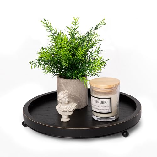 GENMOUS 12in Decorative Tray for Home Decor - Black Wood Iron Bead Round Tray for Coffee Table, Rustic Wooden Tray, Farmhouse Trays Centerpiece for Living Room, Kitchen Table Dining Decor - color: Black