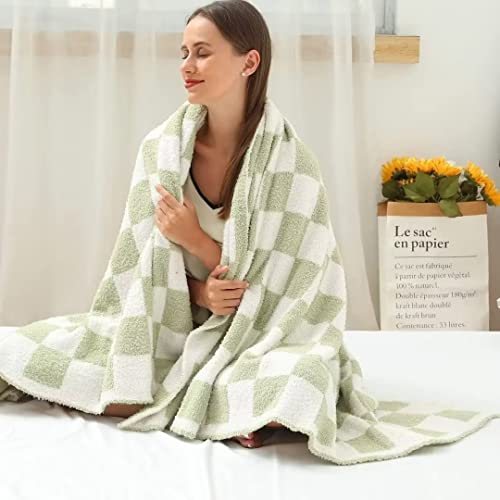 Ultra Soft Checkered Blanket Cozy Buffalo Check Throw Fluffy Knitted Reversible Throw Blanket Lightweight Fleece Checkerboard Grid Blanket for Sofa Couch Bed Travel, Sage Green, 51''x63'' - color: Sage Green