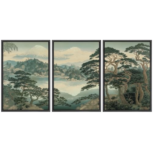 wall26 Framed Canvas Print Wall Art Set Mount Fuji Pine Tree Illustrations Fine Art Decorative for Living Room, Bedroom, Office - 16"x24"x3 BLACK - color: A18-2608-M15, size: 16" x 24" x 3 Panels BLACK