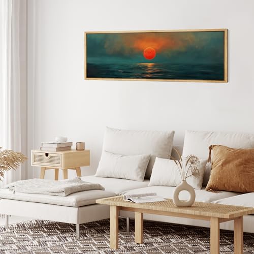 MUDECOR Large Framed Canvas Print Wall Art Sunset Over Ocean Vibrant Red Sun and Blue Waters Fine Art Illustrations Decorative Colorful for Bedroom - 60"x20" - color: A04-2406-yuk39, size: 60"L x 20"W