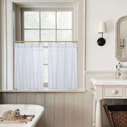 Lino Rosa Pinch Pleat Small Curtains with Hooks for Bathroom Windows Striped Kitchen 20 Inch Length Light Blue - color: Light Blue, size: 24"W x 20"L (Pack of 2)