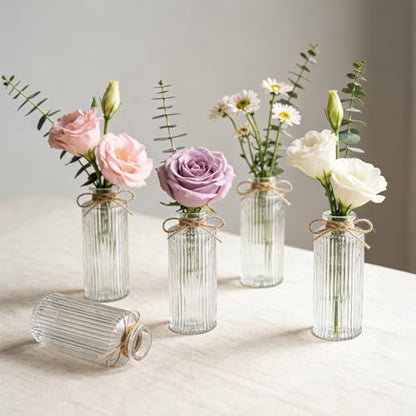 Glass Bud Vases Set of 20, Clear Small Flower Vases Bulk with Twines Ropes, Mini Ribbed Vase for Centerpieces, Decorative Glass Vases for Wedding Table, Party, Home Decor