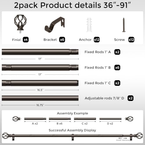 2 Pack Bronze Curtain Rod 36-91, 1 Inch Curtain Rods for Windows - color: Bronze, size: 36"-91" (2 Pack)