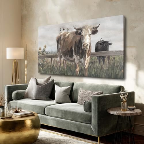 ZENPEE Black and Brown Cow Canvas Wall Art Painting – Rustic Farmhouse Vintage Animal Decor for Living Room & Bedroom, 24 x 48 Inch - color: Taupe, size: 48"L x 24"W