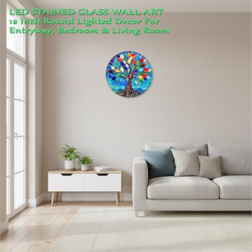 QZXYGY LED Stained Glass Round Wall Decorations, The Tree of Life Wall Art