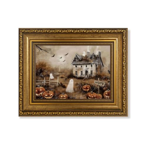 AVECCO Halloween Haunted Pumpkin House Ghost Wall Art Framed Canvas 8x10 in - color: Castle, size: 10"L x 8"W