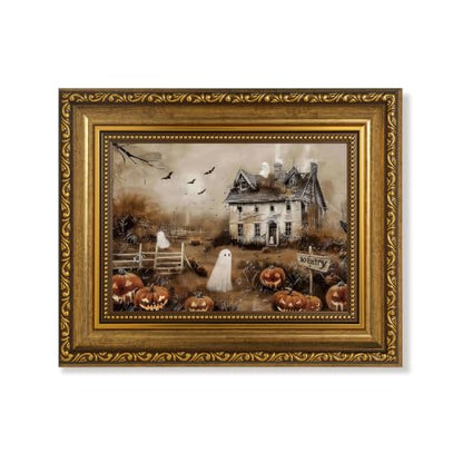 AVECCO Halloween Haunted Pumpkin House Ghost Wall Art Framed Canvas 8x10 in - color: Castle, size: 10"L x 8"W