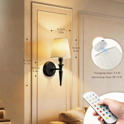Battery Operated Wall Sconces Set of 2, Wireless Rechargeable Wall Lights with 12 RGB Colors and 3CCT Dimmable, Small Fabric LED Wall Lamps for Bedroom, Living Room, Hallway, Black - color: Black