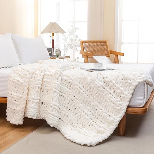 WESHIONGOO Chunky Knit Blanket Throw for Couch Bed 40"×60" Cream White - color: Cream White, size: 40"x60"(Medium Size Throw)