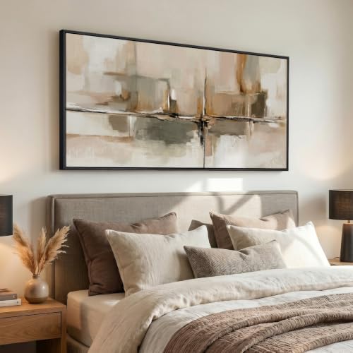 Large Framed Neutral Abstract Wall Art for Living Room, Horizontal 60x30 In - color: Beige & White A, size: 60"L x 30"W
