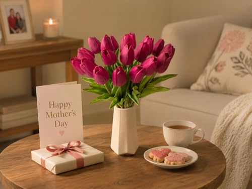 Mandy's 20 Stems Hot Pink Artificial Tulip Flowers for Home Centerpieces - color: Hot Pink