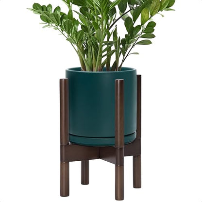 D'vine Dev Ceramic Pot with Walnut Wood Stand, Teal, 8 in, 55-B-Y-4 - color: Teal Pot + Walnut Color Stand, size: 8 Inch