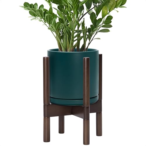 D'vine Dev Ceramic Pot with Walnut Wood Stand, Teal, 8 in, 55-B-Y-4 - color: Teal Pot + Walnut Color Stand, size: 8 Inch