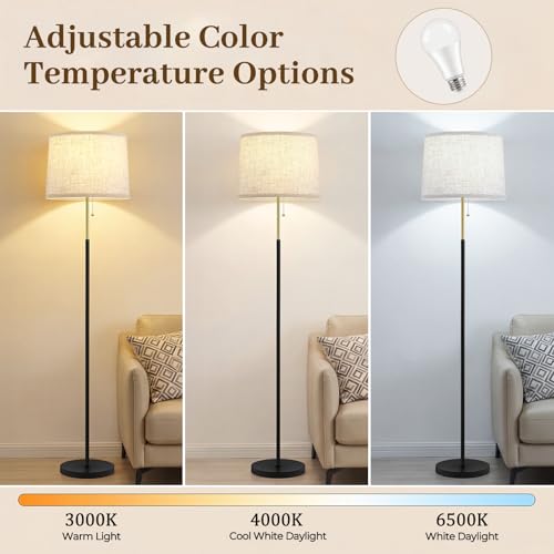 Floor Lamps for Living Room & Bedroom, 60" Modern Tall Standing Lamp, 3CCT - color: Linen T-Shades+Blackgold Pole