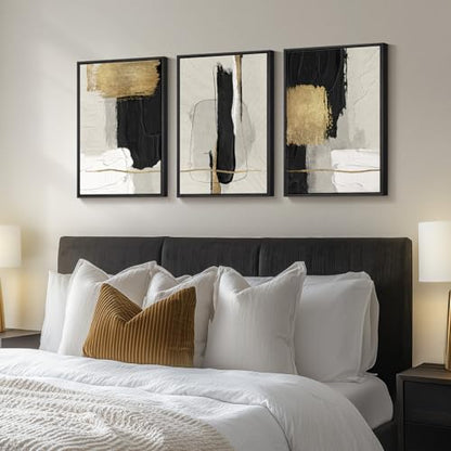 Framed Black and White Abstract Wall Art Set, 3 Piece Modern Canvas Prints - color: Block, size: 16" W x 24" H x 3Pcs