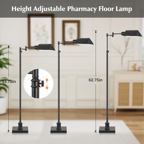 GyroVu Traditional Height Adjustable Pharmacy Floor Lamp with 350° Swing Arm, Color Temperature Adjustable Standing Lamp Metal Shade for Living Room Reading House Bedroom Home Office(Black) - color: Black