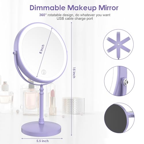 DEIOVWXS Makeup Mirror, Rechargeable Vanity Mirror with 3 Lights, 1X/10X - color: Purple