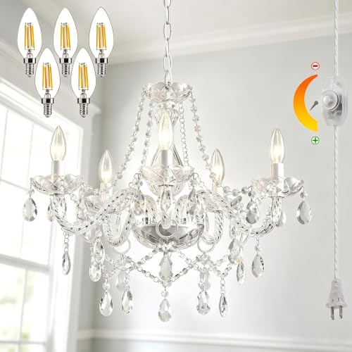 (Bulbs Included) DIMMABLE Plug in Chandelier 5 Light PRE-Wired 21.3", White Hanging Pendant Light Fixture with Cord, Classic Vintage K9 Crystals Beads for Living Room Bedroom Dining Kitchen Island - color: 5 Light