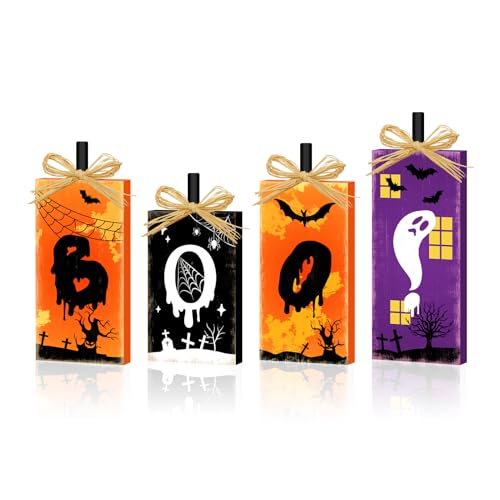 Britimes Ghost Bat Sign Tiered Tray Decor, 4 Pack, Wooden - style: BOO!