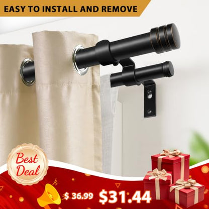 TONIAL 1 Inch Double Curtain Rods for Windows, 72 to 144 Inch, Black - color: Black, size: 72-144"