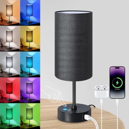 Unicozin Table Lamp with 3 CCT (3000K/4500K/6500K), Stepless Dimmable Bedside Lamp with 7 Color Changing, Modern Nightstand Light with Black Shade for Bedroom, Kids Room, Home, Office - color: Black, size: 14.5in