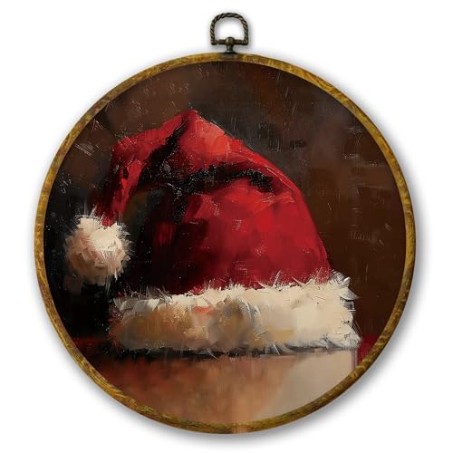 Mcehtle Vintage Christmas Wall Art Decor, Rustic Dark Holiday Santa Hat Framed Canvas Prints 10x10, Winter Christmas Seasonal Round Wall Hanging Artwork Decorations for Home Bedroom Living Room - color: Colour 10