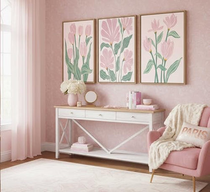 Framed 3 Pcs Pink Tulips Flowers Canvas Wall Art - color: Framed-Tulips, size: 16"L x 12"W