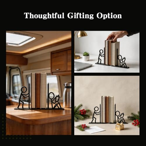 Decorative Bookends, Creative Metal Book Ends for Shelves, Unique Stick Figure Design Book Holders for Home Office Desk Decor, Black