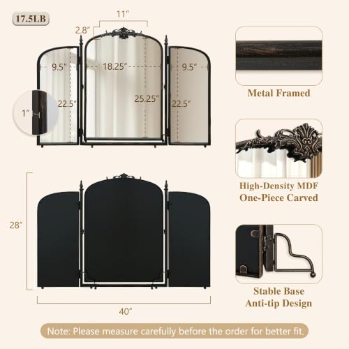 Besdomus Black Vanity Trifold Mirror: 40"x28" Vintage Arch Three Way Mirror - color: Black Gold, size: 28"L x 40"W