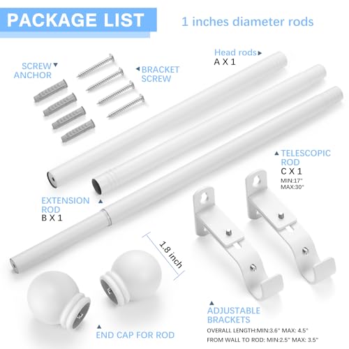 Curtain Rods for Windows 16-48", 1 In White Curtain Rod, 1 Pack - color: White, size: 48" - 1'' rod - 1 Pack