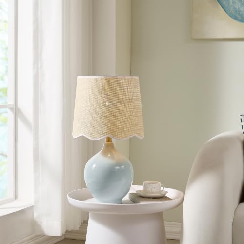 21"H Sky Blue Ceramic Table Lamp with Beige Faux Rattan Drum Shade - color: Sky Blue
