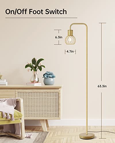 Brass Gold Standing Floor Lamp for Living Room - Modern Industrial Design with 6W LED Bulb, Foot Switch, Metal Tall Stand, Minimalist Farmhouse Boho Style for Bedroom & Office - style: Gold Industrial Floor Lamp